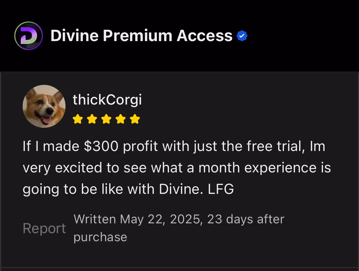 Discord screenshot from verified Divine member showing positive feedback